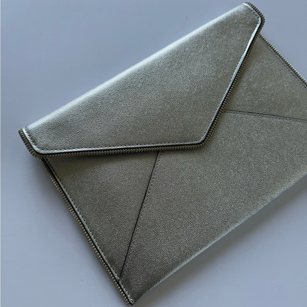 Like New Rebecca Minkoff Silver Metallic Leather Zipper Edge Envelope Clutch Bag